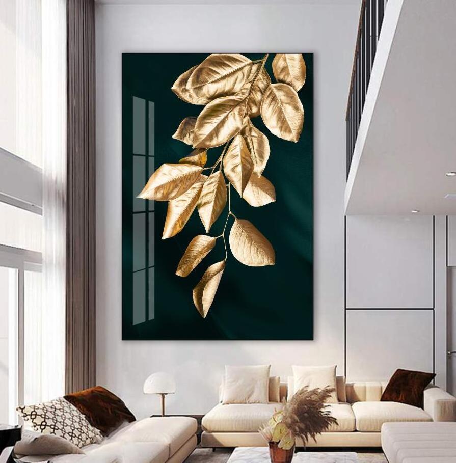 Factory Outlet Green Gold Plant Leaves Abstract Crystal Porcelain Painting Prints Wall Art