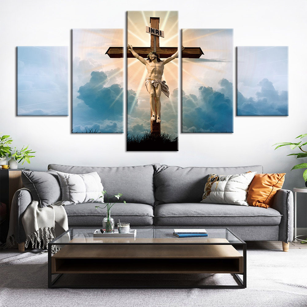 5 paintings on canvas family decoration pictures Christian Jesus cross printed wall art