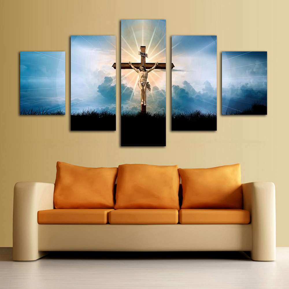 5 paintings on canvas family decoration pictures Christian Jesus cross printed wall art