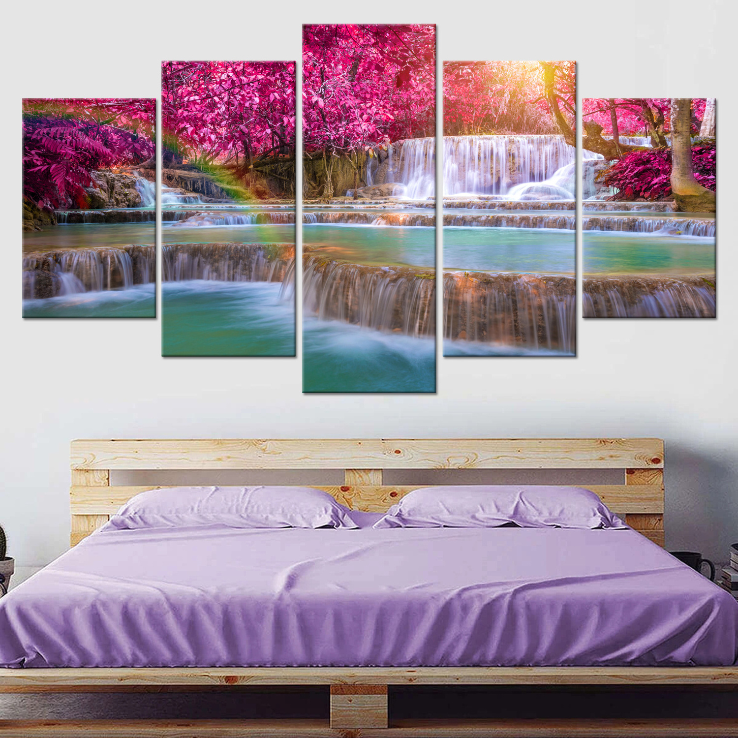 Home Living Room Decor Jungle Waterfall Scenery Wall Art Frame Living Room HD Prints Poster 5 Pieces  Canvas Painting