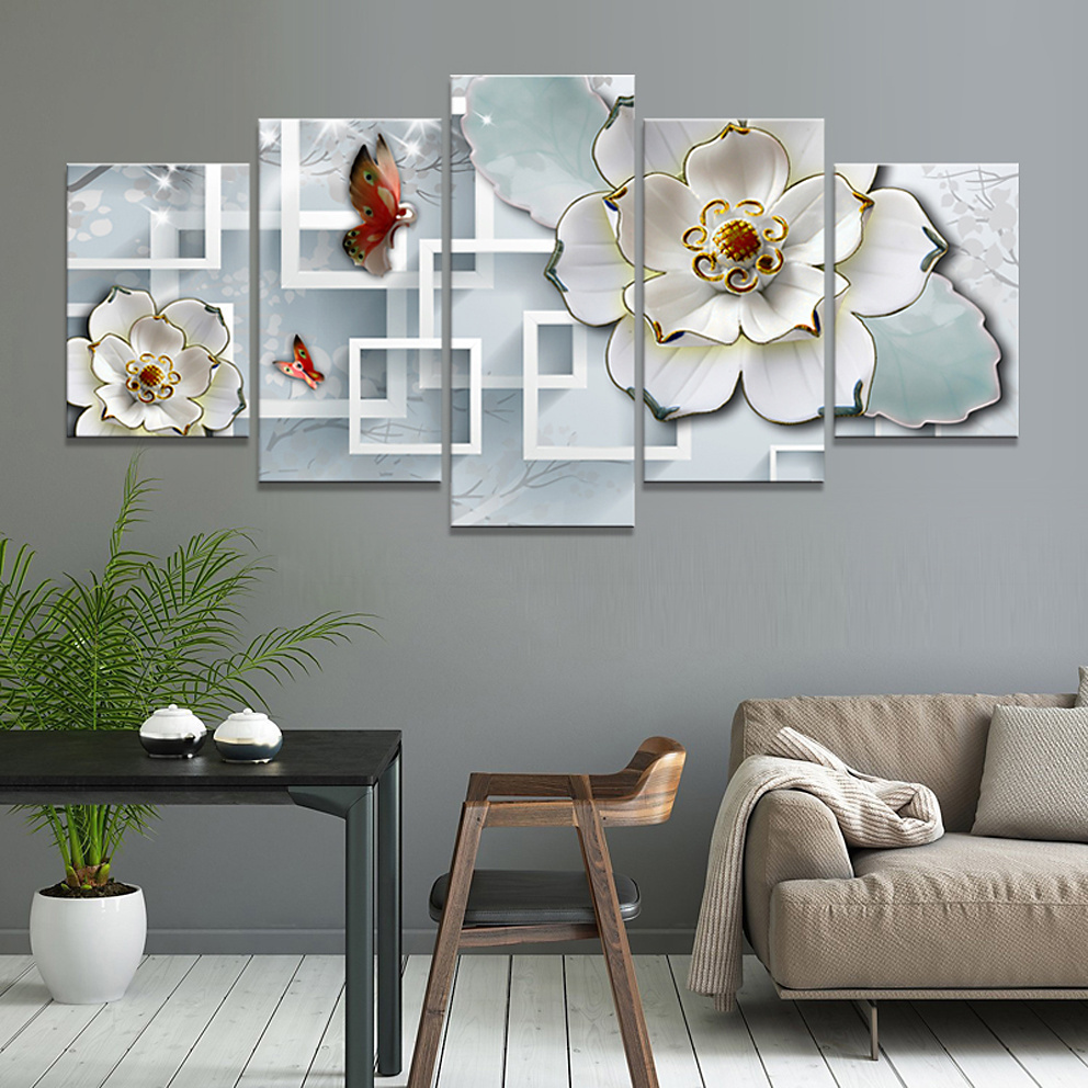 5 Panel White Flower Painting Canvas Wall 3D Art Decorative Painting