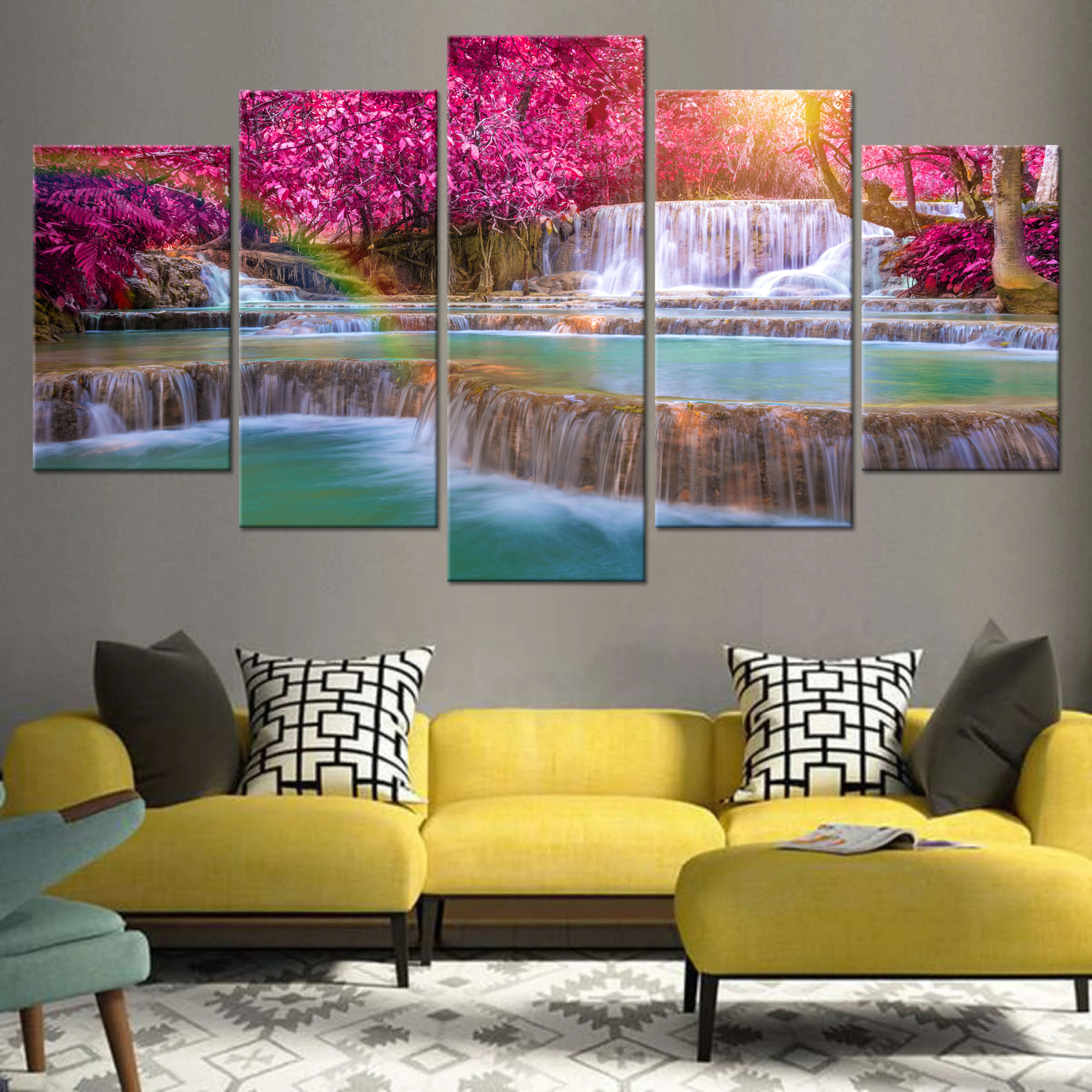 Home Living Room Decor Jungle Waterfall Scenery Wall Art Frame Living Room HD Prints Poster 5 Pieces  Canvas Painting