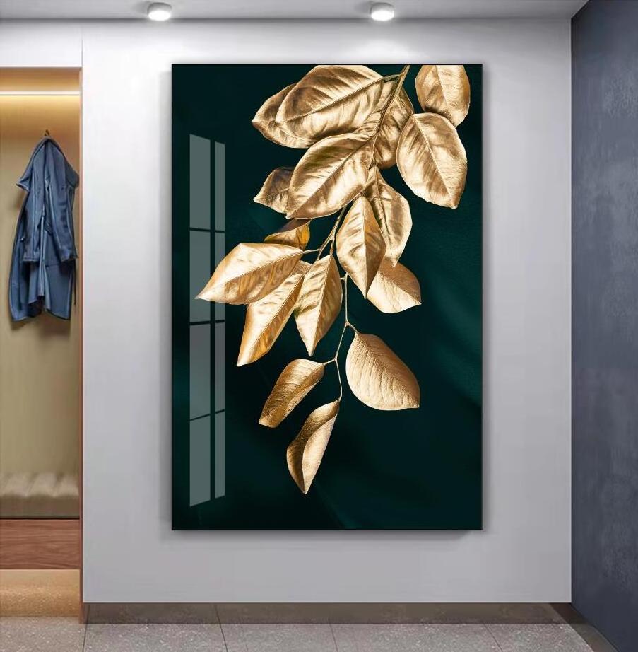 Factory Outlet Green Gold Plant Leaves Abstract Crystal Porcelain Painting Prints Wall Art