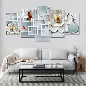 5 Panel White Flower Painting Canvas Wall 3D Art Decorative Painting