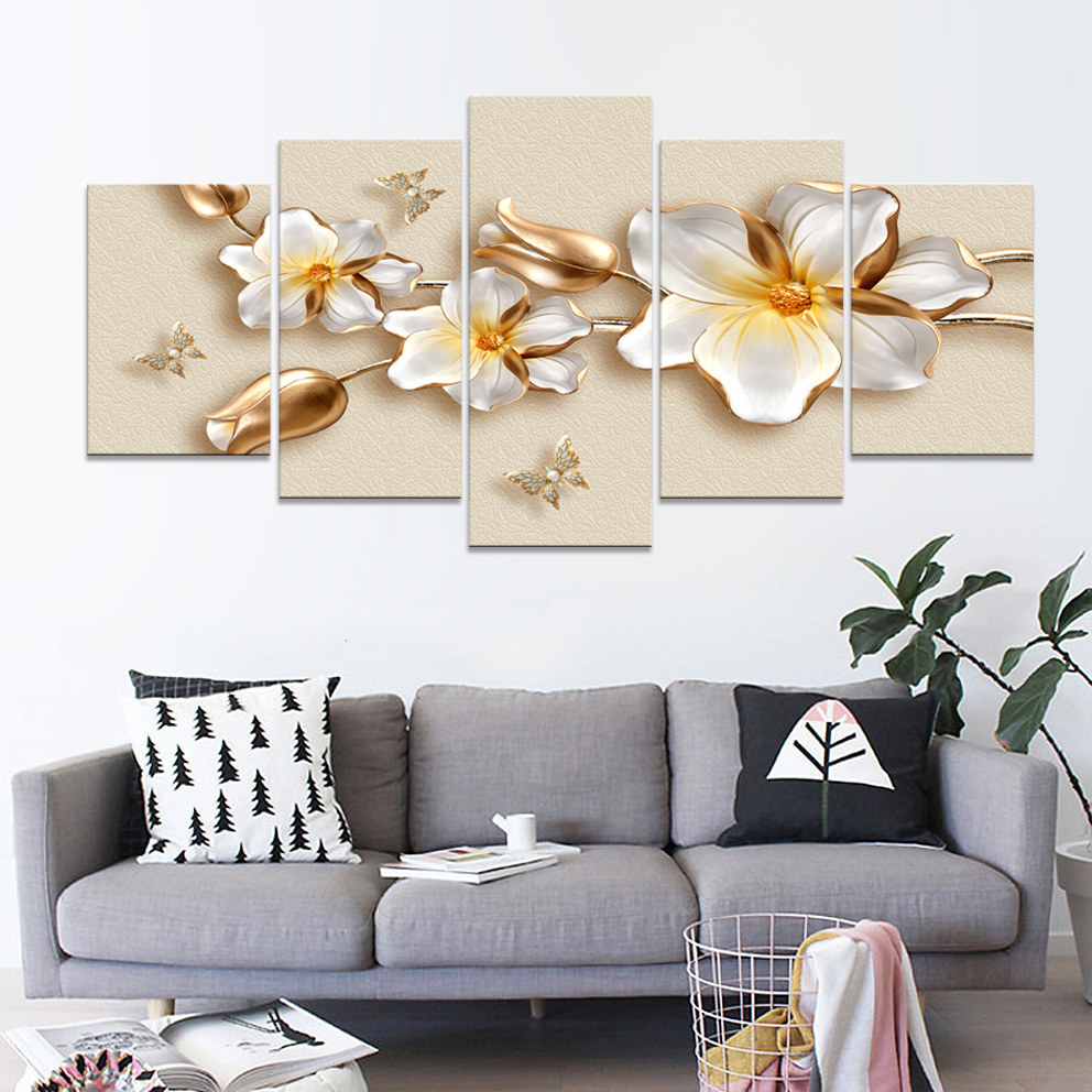 5 Panel Canvas Printed Canvas Wall 3D Modern Floral Art Painting