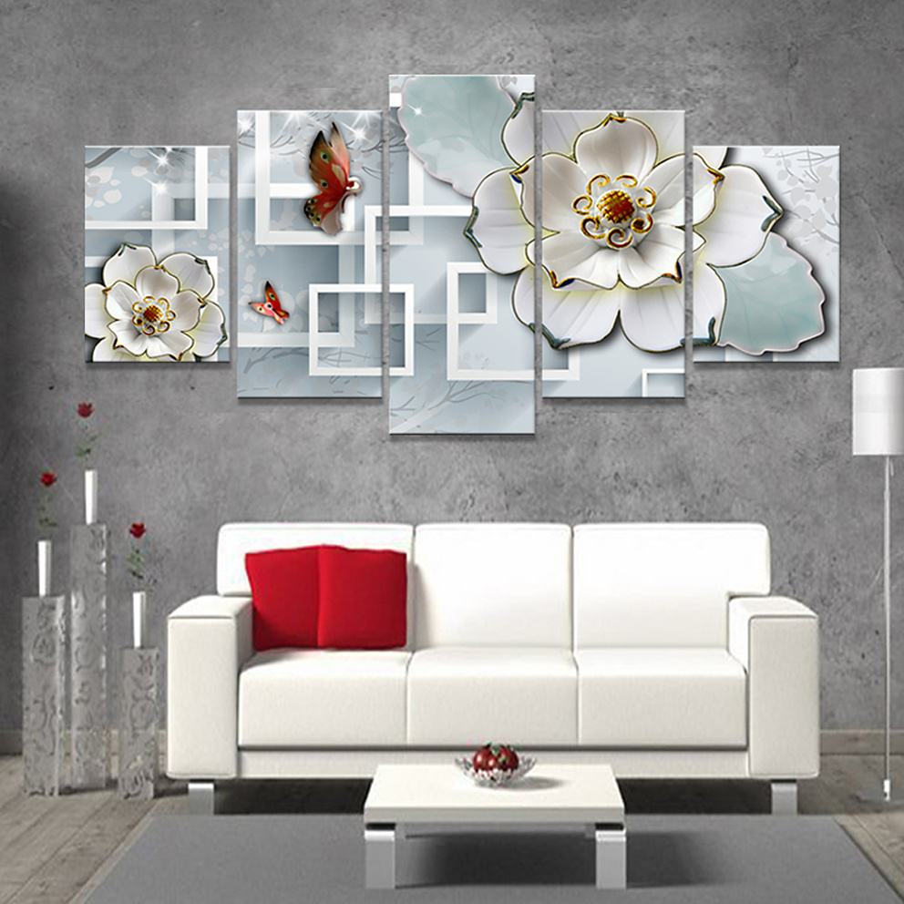 5 Panel White Flower Painting Canvas Wall 3D Art Decorative Painting