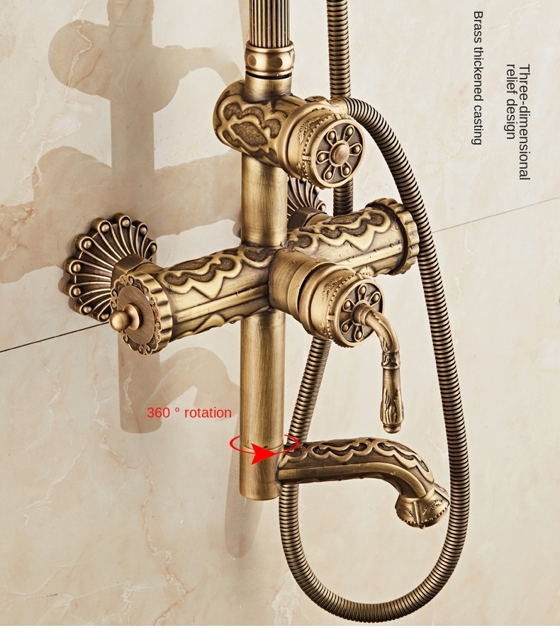 All copper European vintage carved shower shower set cold and hot water faucet shower mixing valve can be rotated up and down