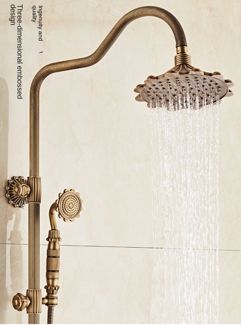 All copper European vintage carved shower shower set cold and hot water faucet shower mixing valve can be rotated up and down