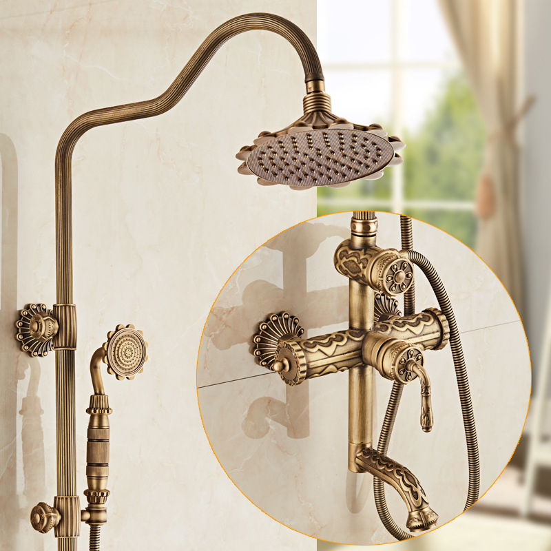 All copper European vintage carved shower shower set cold and hot water faucet shower mixing valve can be rotated up and down