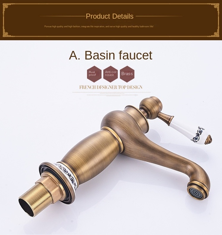 Copper Antique European Faucet Art Basin Table Basin Bathroom Heightened Basin Single Hole Hot and Cold Drawing Faucet