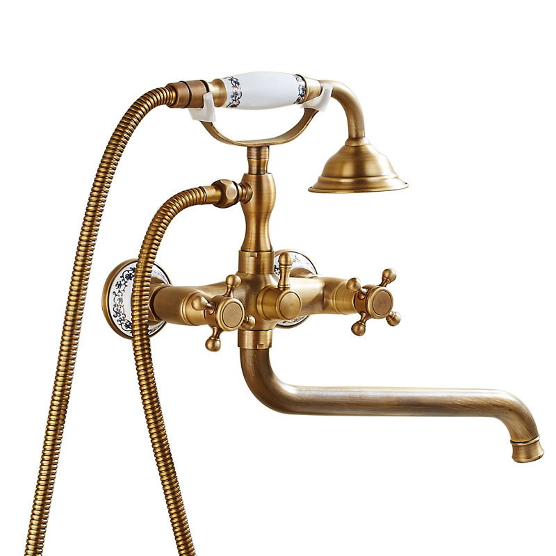 Antique Bathtub Simple Shower Faucet Copper Hot and Cold Shower Lengthened Bathroom Mixing Valve Triple Lifting Shower Set