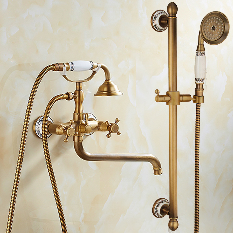 Antique Bathtub Simple Shower Faucet Copper Hot and Cold Shower Lengthened Bathroom Mixing Valve Triple Lifting Shower Set