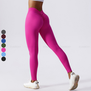 No Camel Toe Deep V Cut Back Design Legging Women Pleated Waist Scrunch Butt Fitness Yoga Pants High Waist Sport Tights Leggings