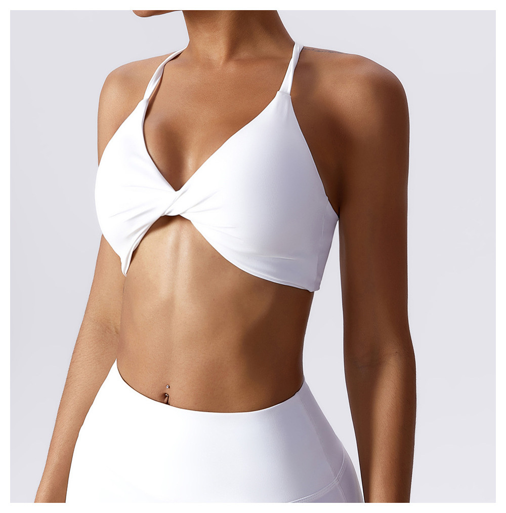 Summer 2023 Backless Women White Sports Bra Cross Back Gym Activewear Twist Front Crop Top Fitness Thin Strap Sports Bra