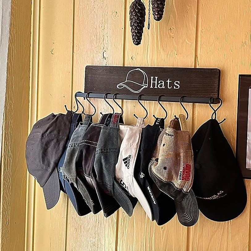 Hat Rack for Wall Wooden Baseball Cap Organizer with 20 Hooks Metal Rustic Hat Pattern Display Ball Cap Hanger Wall Mounted