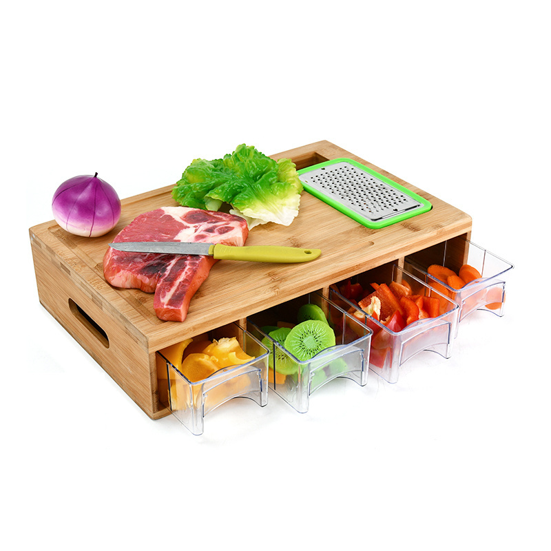 Bamboo Cutting Board with 4 Trays/Acrylic Drawers/Container, Chopping Board with Grater vegetable Slicer kitchen protector'