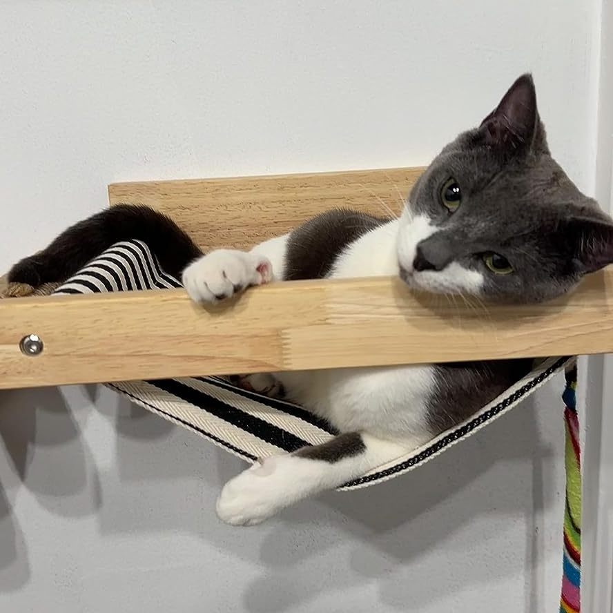 Cat Hammock Wall Mounted, Wooden Cat Wall Furniture for Sleeping, Playing, Climbing and Lounging