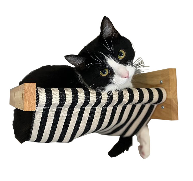 Cat Hammock Wall Mounted, Wooden Cat Wall Furniture for Sleeping, Playing, Climbing and Lounging