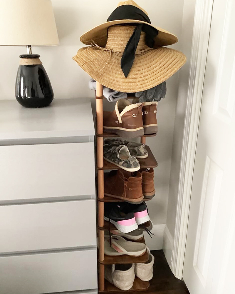 8 Tiers Vertical Narrow Bamboo Tall Shoe Organizer Rack Stylish Wooden Space Saving Shoe Storage Stand