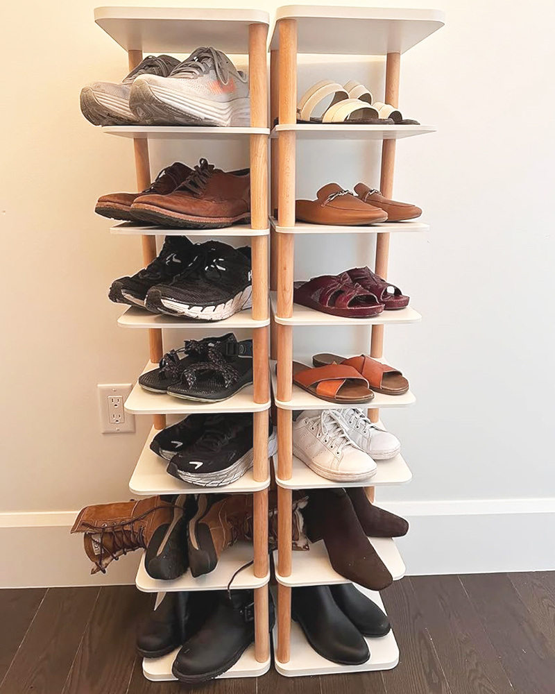 8 Tiers Vertical Narrow Bamboo Tall Shoe Organizer Rack Stylish Wooden Space Saving Shoe Storage Stand