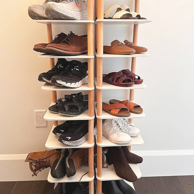 8 Tiers Vertical Narrow Bamboo Tall Shoe Organizer Rack Stylish Wooden Space Saving Shoe Storage Stand