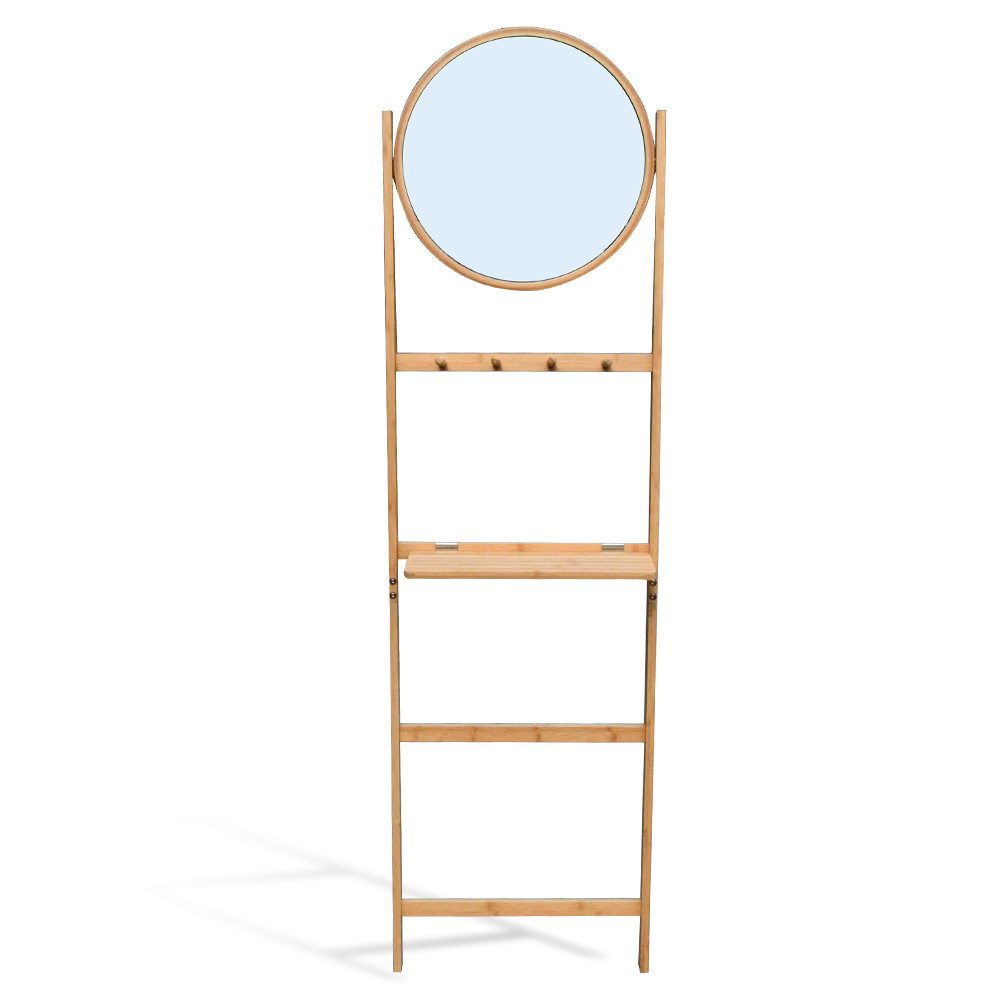 Wooden Coat Rack Tree Shaped Farmhouse Design ,4 Layers Bamboo Storage Shelf Ladder with Mirror