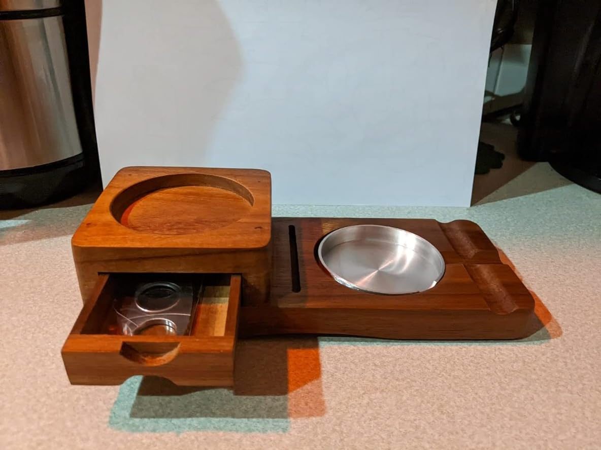 Scotte Ashtray Coaster Whiskey Glass Tray & Wooden Ash Tray with Cigar Cutter Include Drawer and Cigar Slot