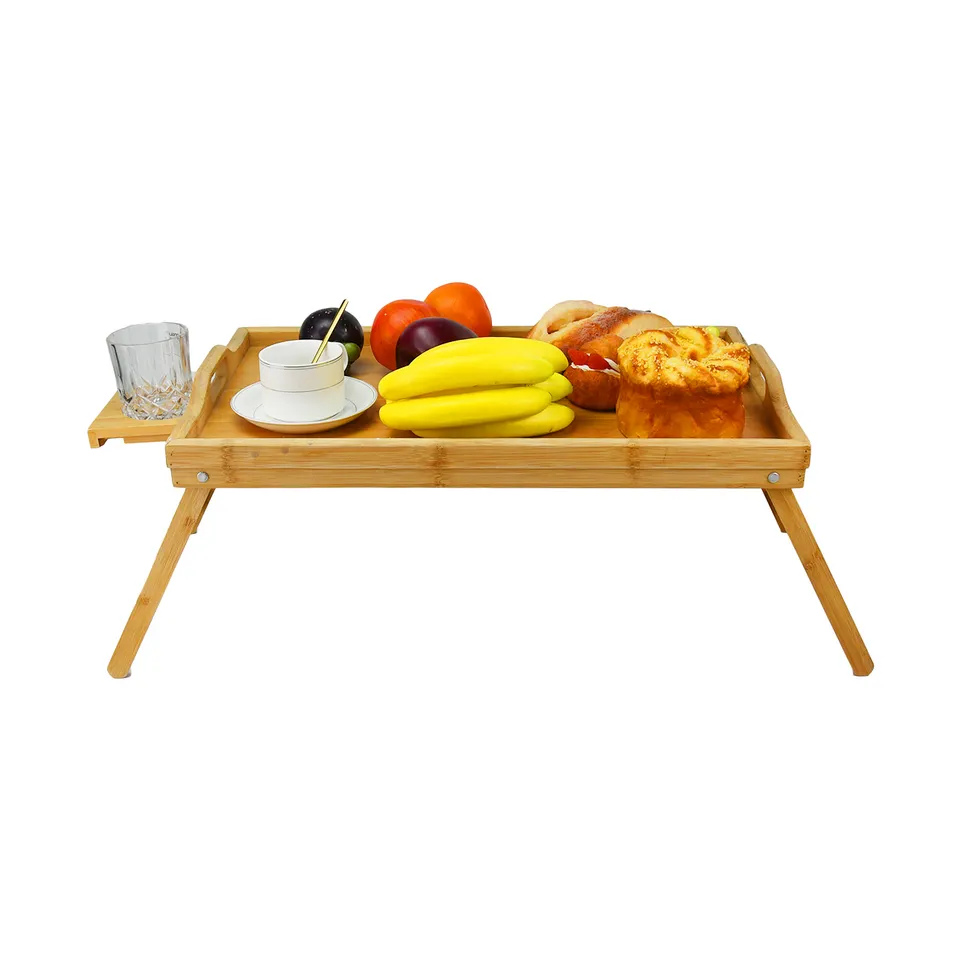 Bed Tray Table for Eating - Bamboo Wood Breakfast Food Table with Cup Block Portable Laptop Snack Platter for Bedroom Picnic