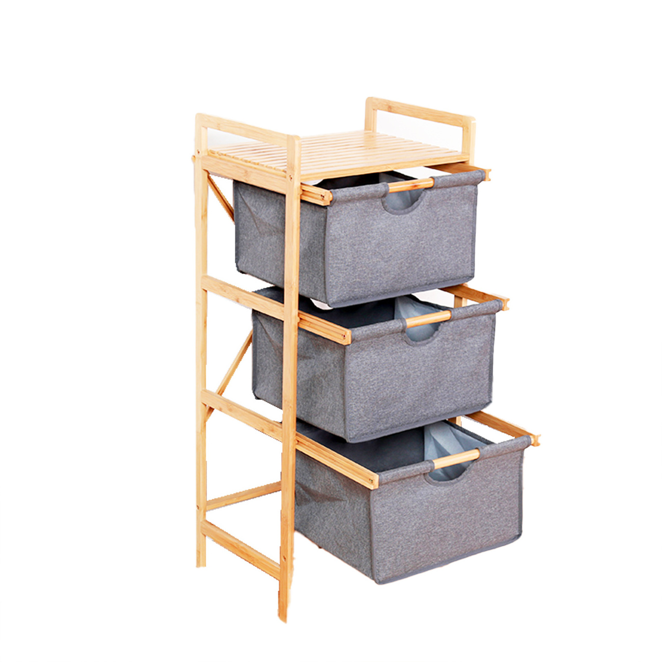 3 Tier Laundry Basket Bamboo Storage Shelf with Removable Storage Basket for Bathroom Living Room Bedroom