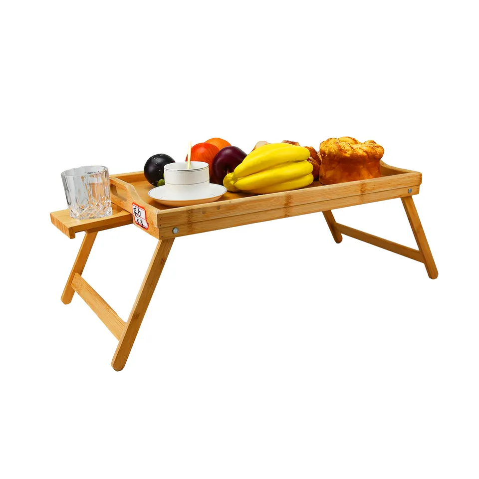 Bed Tray Table for Eating - Bamboo Wood Breakfast Food Table with Cup Block Portable Laptop Snack Platter for Bedroom Picnic