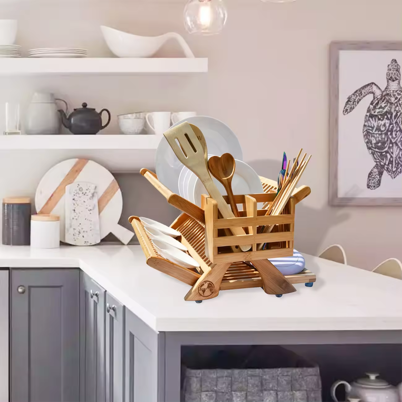 3 Tier Large Collapsible Bamboo Dish Drying Rack with Utensil Holder for Kitchen Plates, Cups, Mugs, Utensil