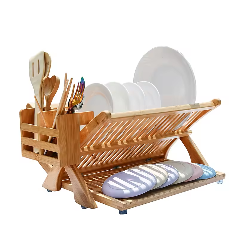 3 Tier Large Collapsible Bamboo Dish Drying Rack with Utensil Holder for Kitchen Plates, Cups, Mugs, Utensil