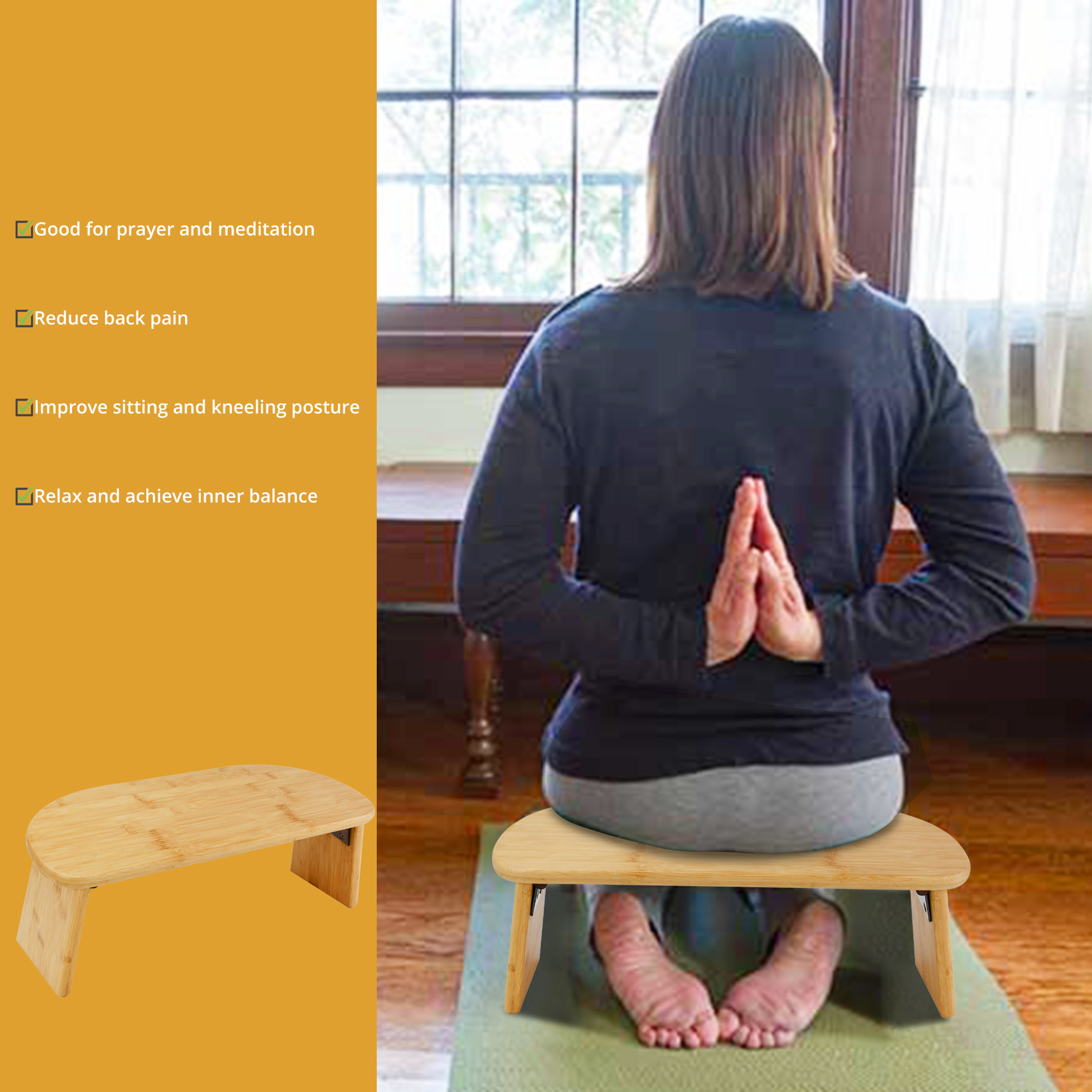 Youlike Prajna Yoga Bench , Bamboo Folding Chair Wooden Seiza Kneel, Portable Cross Legged or Kneeling Stool