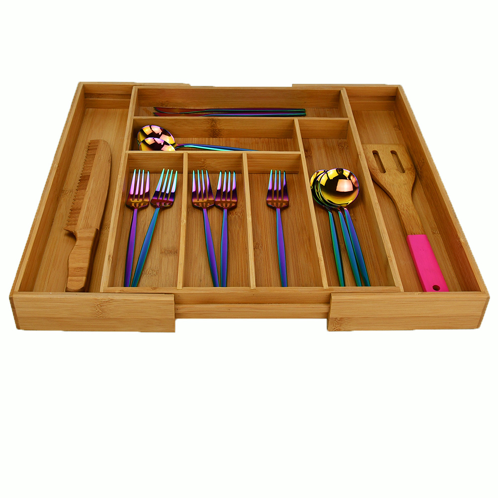 Expandable Bamboo Kitchen Storage Drawer Organizer Kitchen Utensils With Knife Block,Kitchen Cabinet Organizer