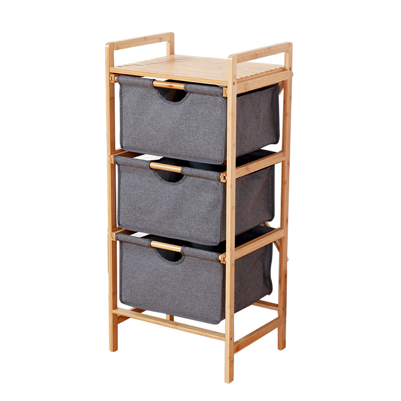 3 Tier Laundry Basket Bamboo Storage Shelf with Removable Storage Basket for Bathroom Living Room Bedroom