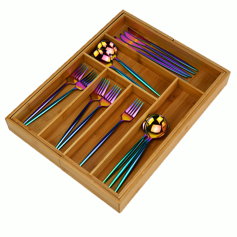 Expandable Bamboo Kitchen Storage Drawer Organizer Kitchen Utensils With Knife Block,Kitchen Cabinet Organizer