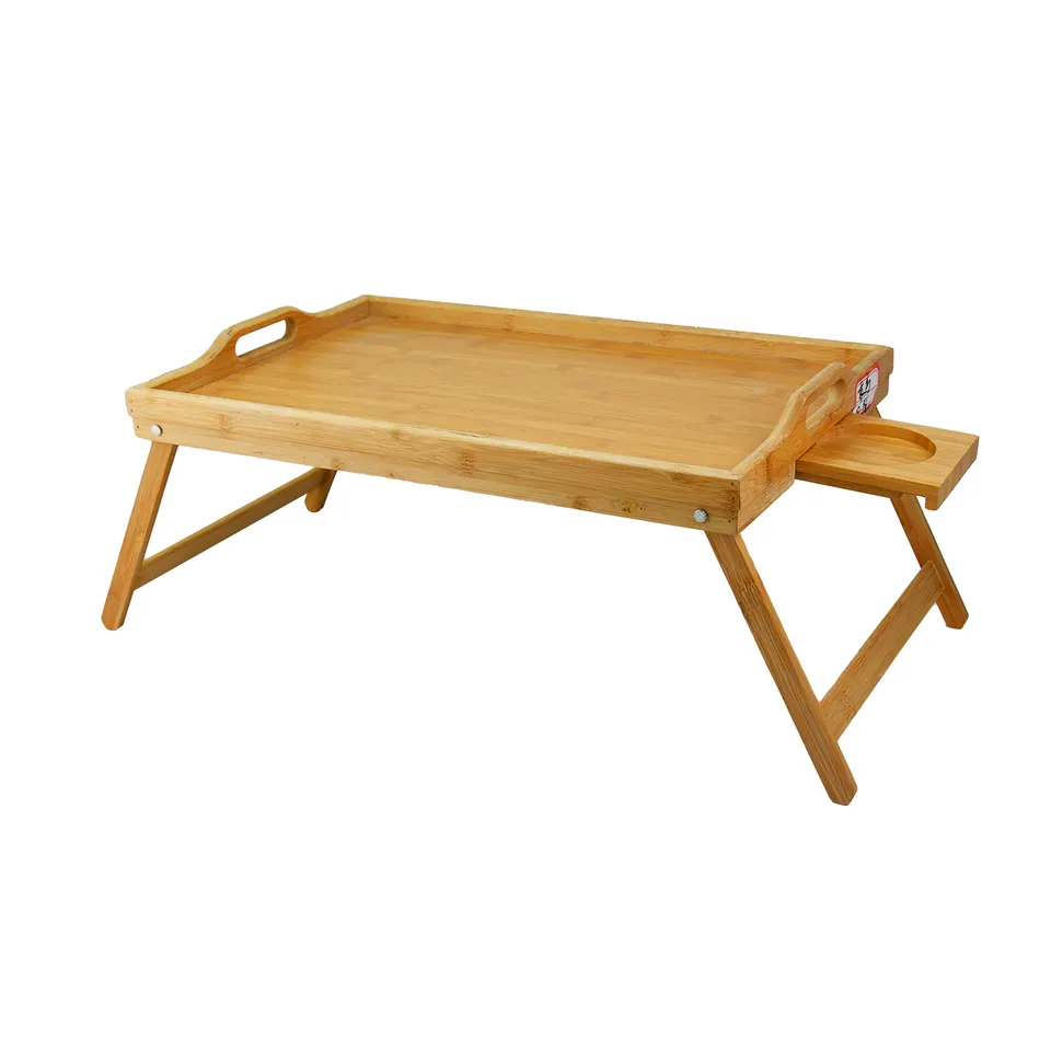 Bed Tray Table for Eating - Bamboo Wood Breakfast Food Table with Cup Block Portable Laptop Snack Platter for Bedroom Picnic