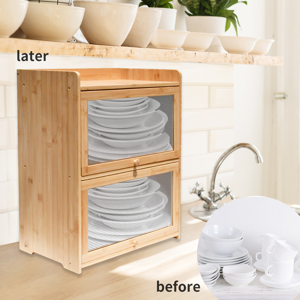 Shallow Pantry Organizer Box Rack Bamboo Kitchen Countertop Storage Cabinet with Windows