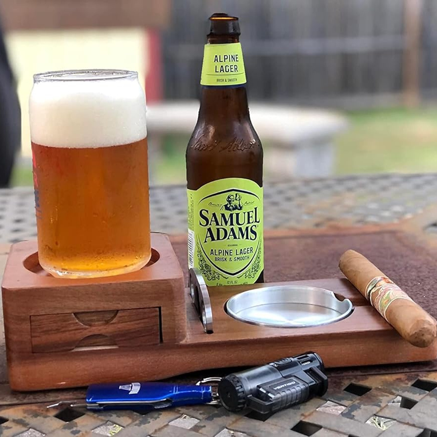 Scotte Ashtray Coaster Whiskey Glass Tray & Wooden Ash Tray with Cigar Cutter Include Drawer and Cigar Slot