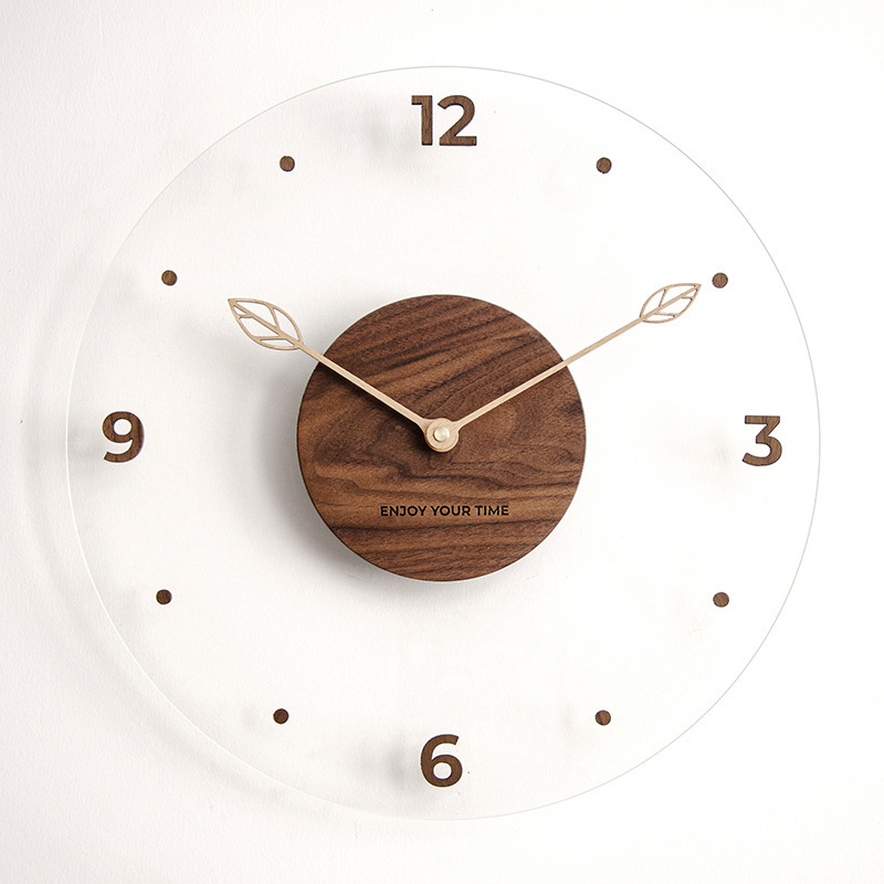 12 inch transparent frameless wall Clock with walnut dial Acrylic wall clock for living room Wall Clock