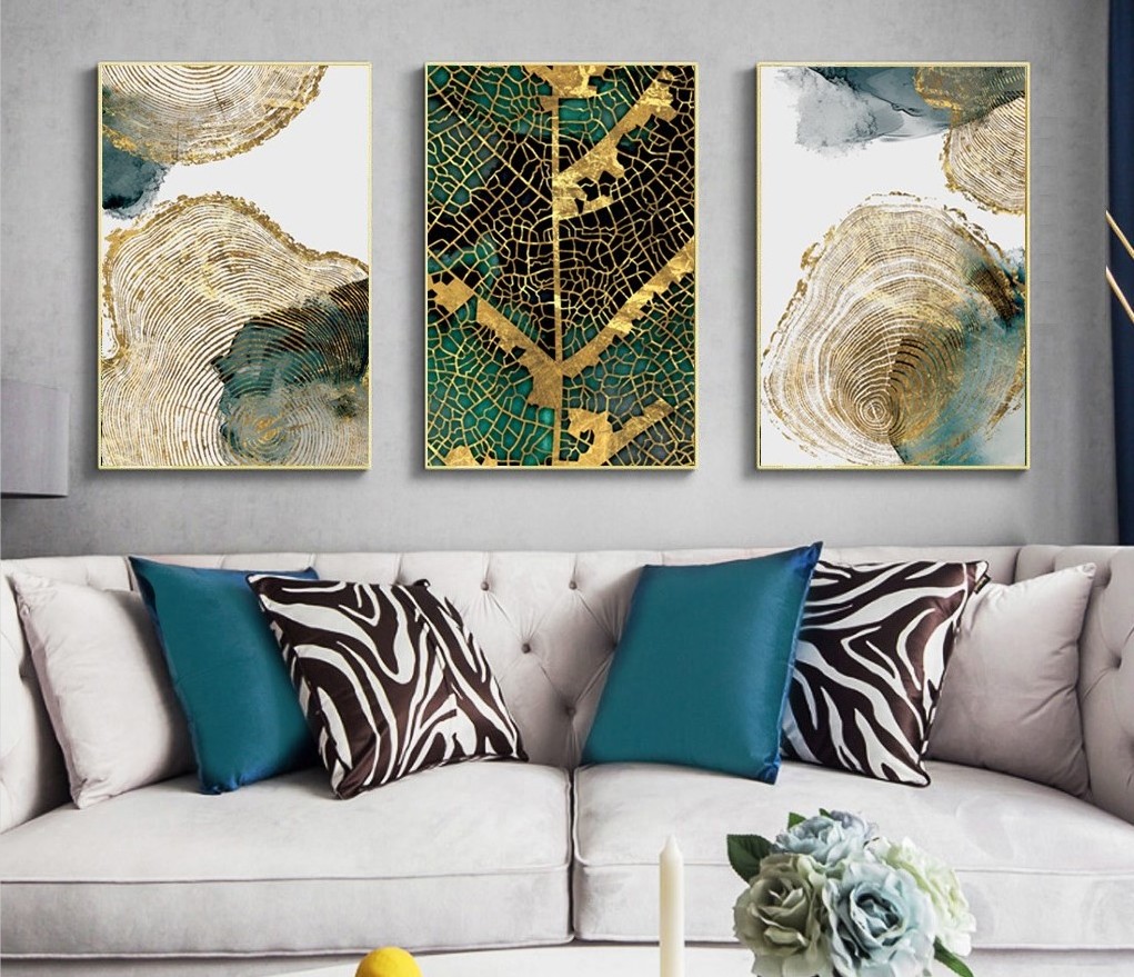 3 panels modern gold tree rings canvas print painting wall art decoration