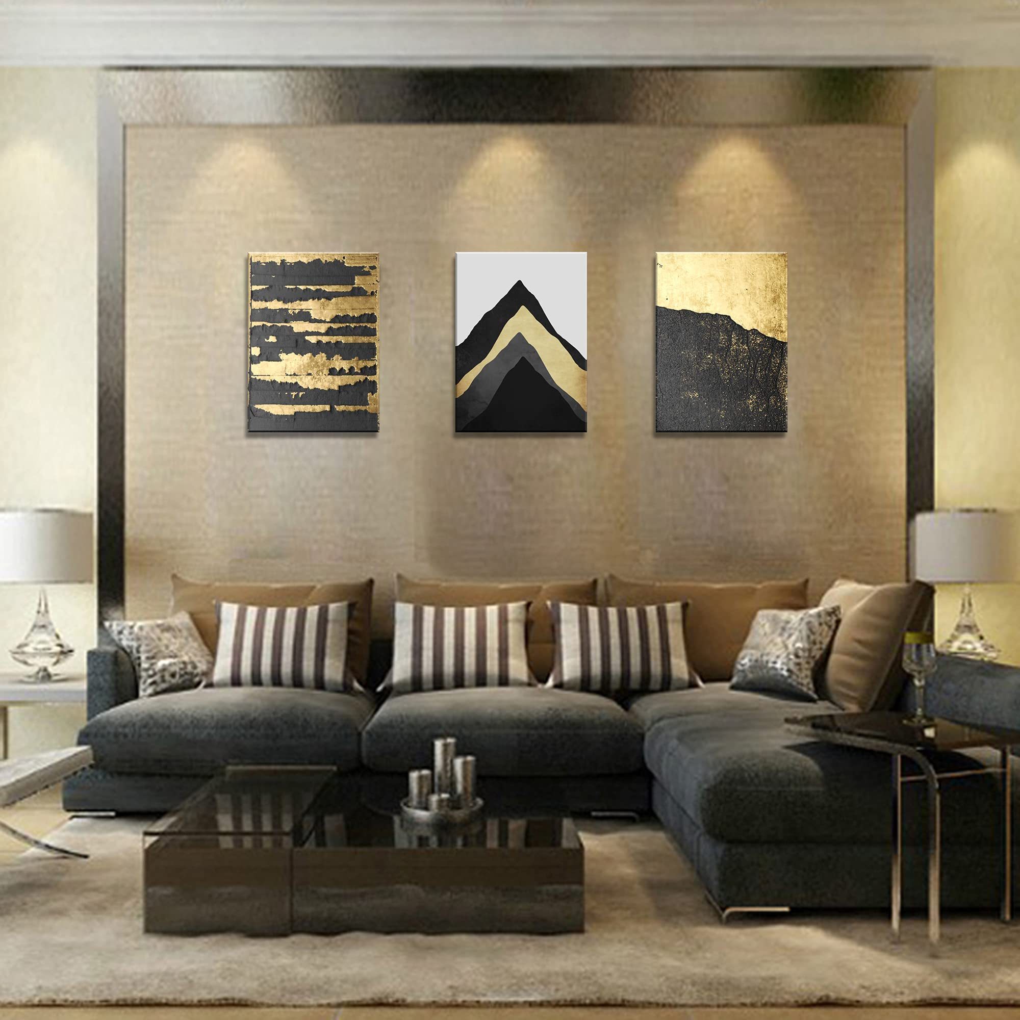 Abstract Black Gold Mountain 3 Panels Canvas Prints Wall Art for Living Room Bedroom Decoration Home Decor