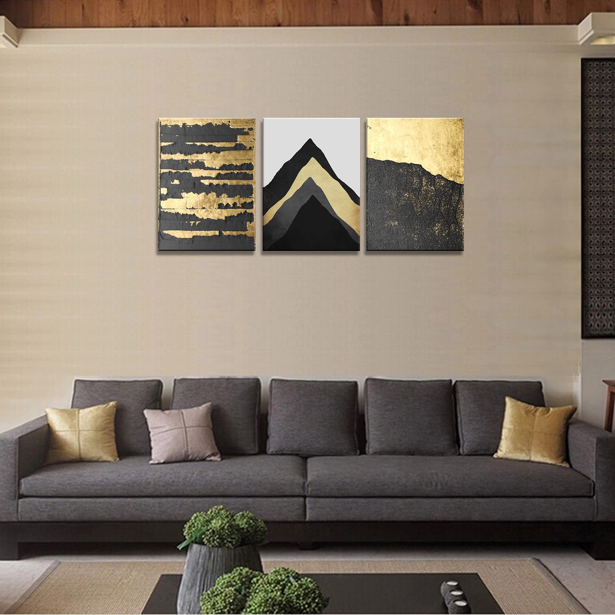 Abstract Black Gold Mountain 3 Panels Canvas Prints Wall Art for Living Room Bedroom Decoration Home Decor