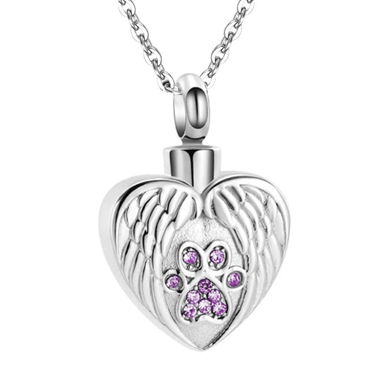 Heart Angel Wings Paw 12 Birthstone Charms Pet memorial Jewelry Cremation Urn Pendant Necklace for Pet Ashes