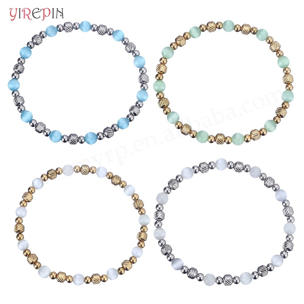 New Design Natural Stone Cat Eye Elastic Bracelet Stainless Steel Beads Bracelet Women