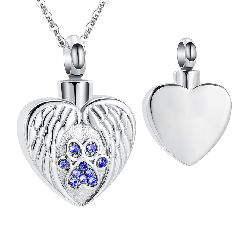 Heart Angel Wings Paw 12 Birthstone Charms Pet memorial Jewelry Cremation Urn Pendant Necklace for Pet Ashes