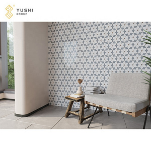 Yushi Group White Thassos with Blue Celeste Marble Waterjet Mosaic Tile Peel and Stick Basket-Weave Bathroom Bracket Mosaic