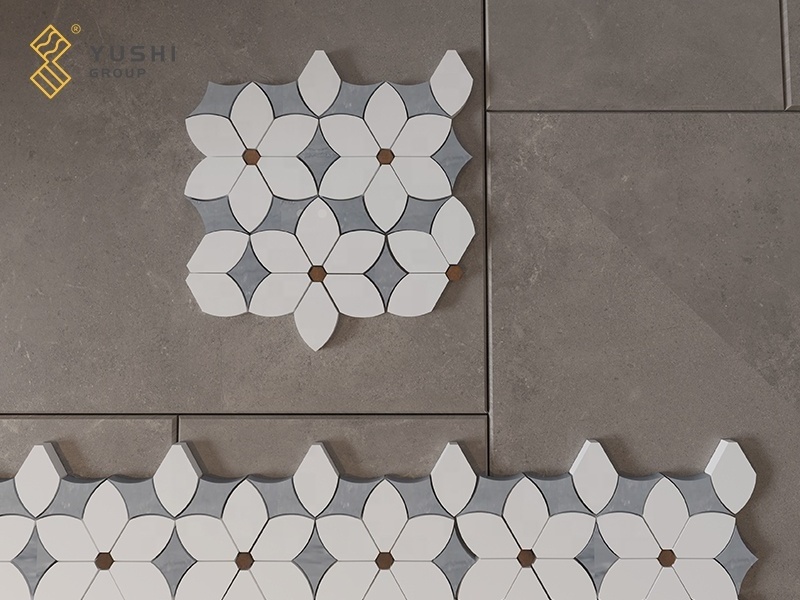 Yushi Group White Thassos with Blue Celeste Marble Waterjet Mosaic Tile Peel and Stick Basket-Weave Bathroom Bracket Mosaic