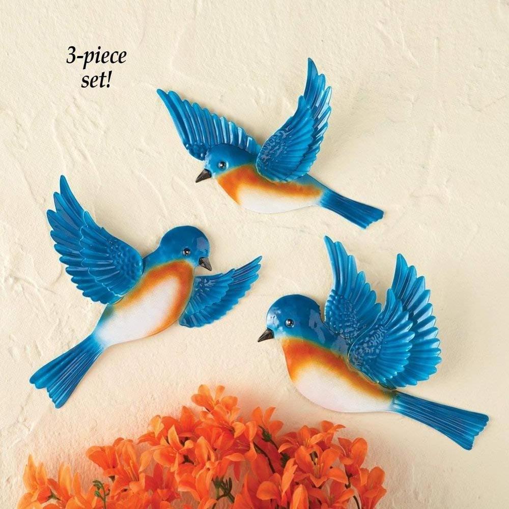 set of three metal blue bird home hanging wall art decor