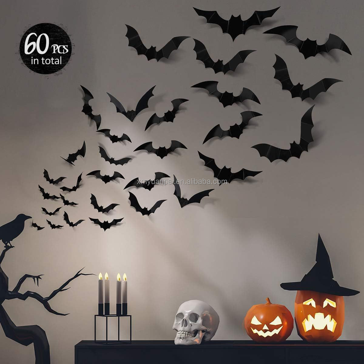 DIY Wall Decal Indoor Hallowmas Decoracion 60pcs Halloween Bats Decoration 4 Sizes PVC Black 3D Scary Bat Sticker for Halloween